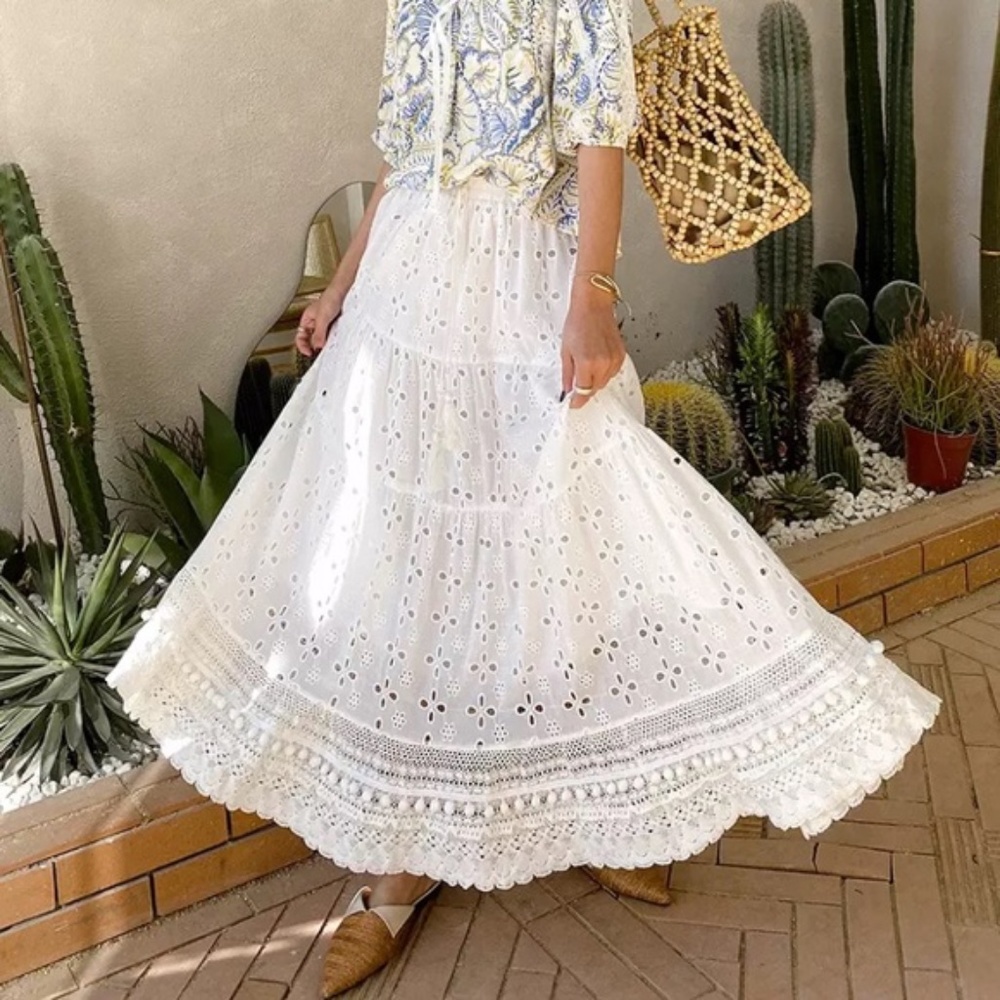 SOLD OUT White Eyelet Pompom Trim Tassel Boho Maxi Skirt - Picture 3 of 8
